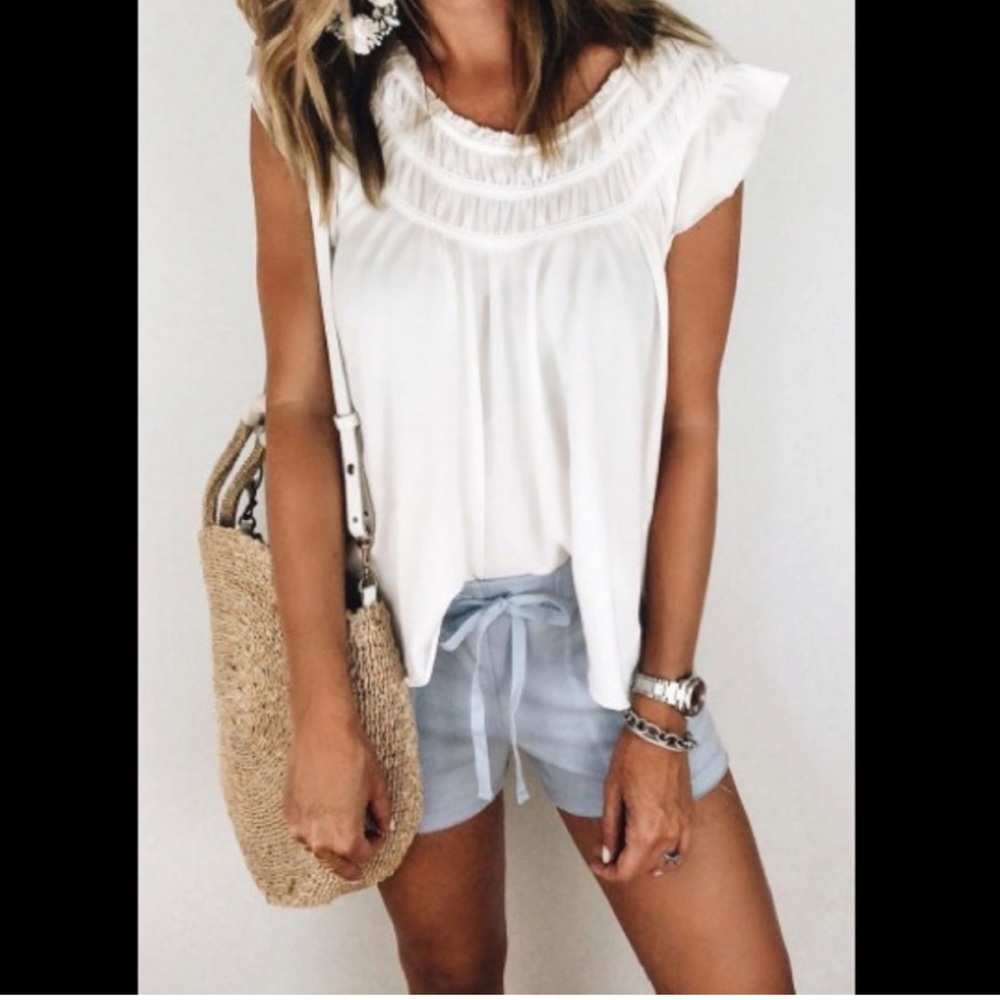 White Vintage Style Drape Drop Shoulder Short Sleeves Ruffle Neck Tunic Shirt
